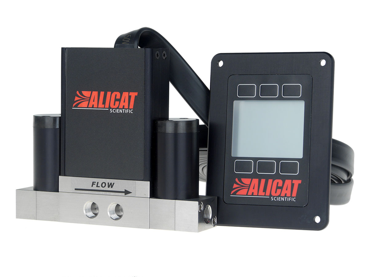 Differential pressure controller for closed volumes (with remote display) by Alicat Scientific. Note the dual pressure sense ports on the front.