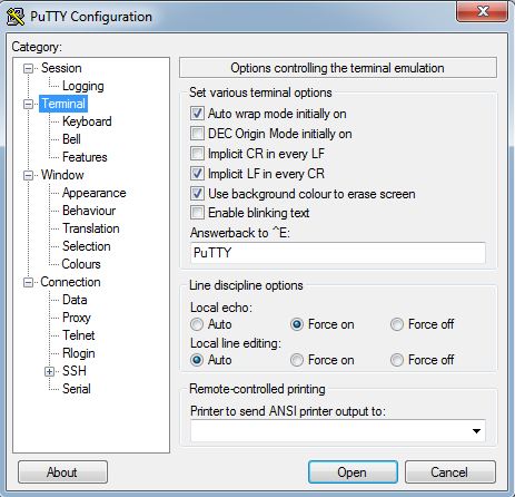 Terminal settings in PuTTY after configuration for use as a serial terminal for Alicat instruments