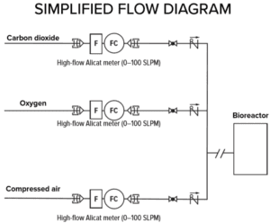 Simplified piping and instrumentation diagram for gas input of a bioreactor