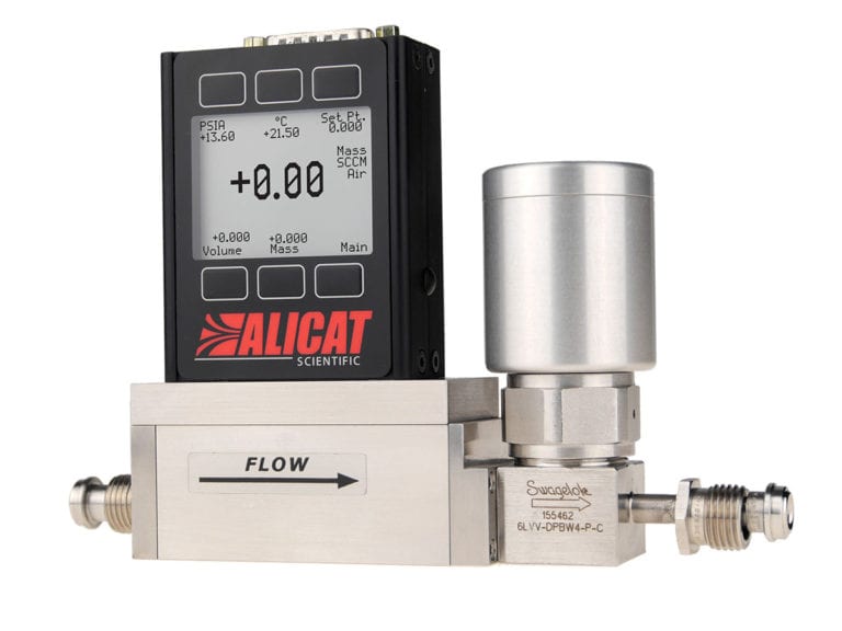 Alicat MCV gas mass flow controller for vacuum with integrated pneumatic shut-off valve