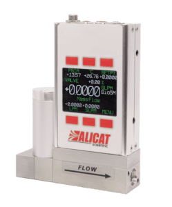 An Alicat bioprocessor-focused mass flow controller with an EtherCAT data connection and a 1-SLPM full-scale flow rate..