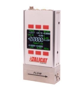 Photo of an Alicat bioprocessing-focused mass flow meter with an EtherCAT data connection and a 1-SLPM full-scale flow rate.