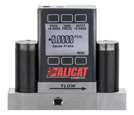 An Alicat pressure controller, 50 SCCM full scale, with a digital screen and standard valve, model PC-5PSIG-D, photographed by Alicat
