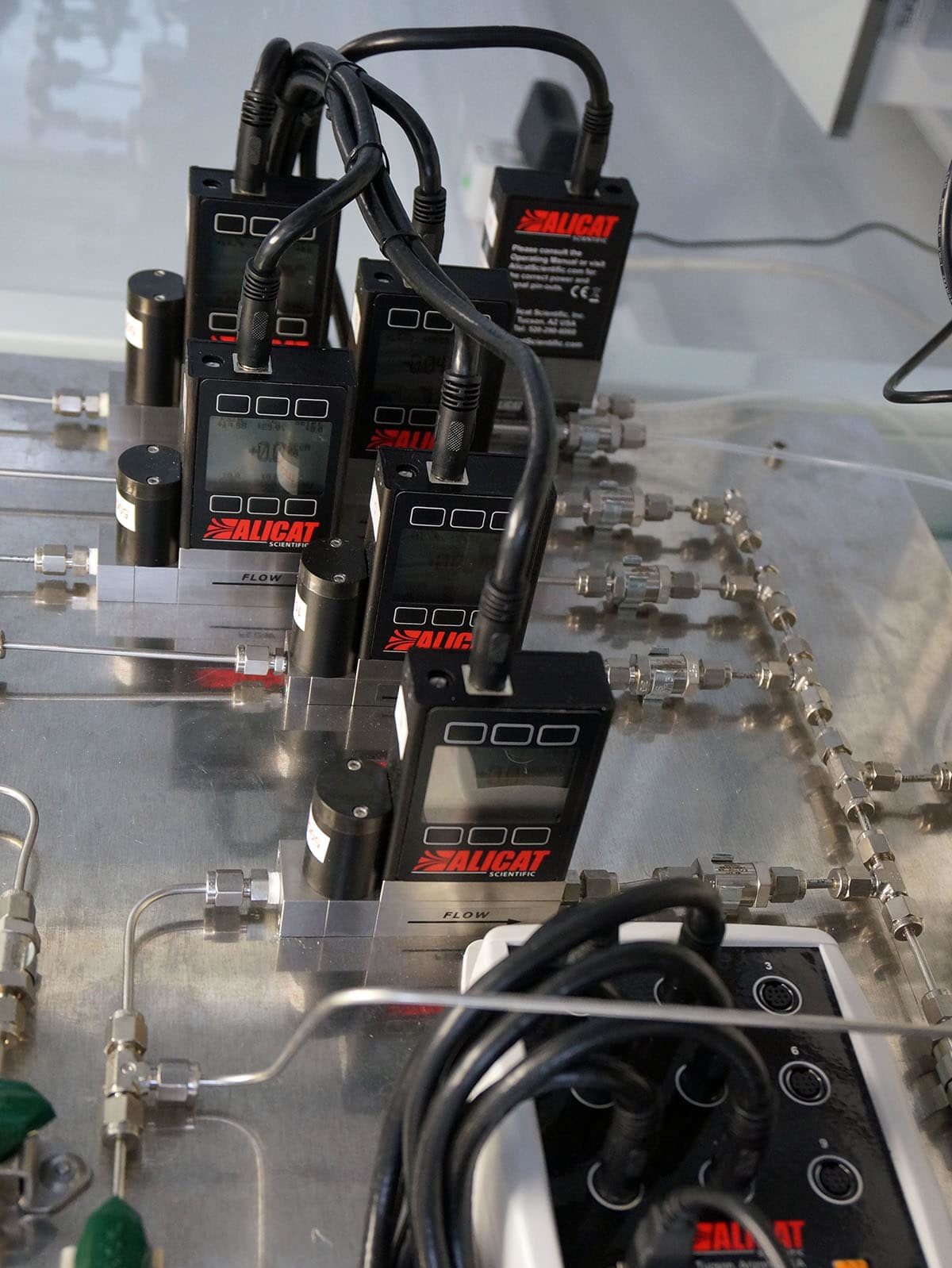 Alicat质量流量​​控制系统，从前到后展示了BB9配电箱、3个标准质量流量控制器、2个防腐控制器和一个防腐质量流量计
