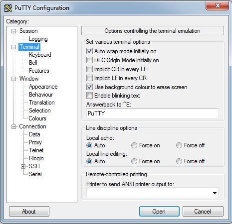 默认终端设置的屏幕截图显示了如何配置 PuTTY 以与 Alicat 仪器一起使用