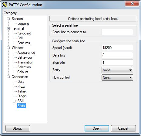 Serial line settings in PuTTY after configuration for use with Alicat instruments