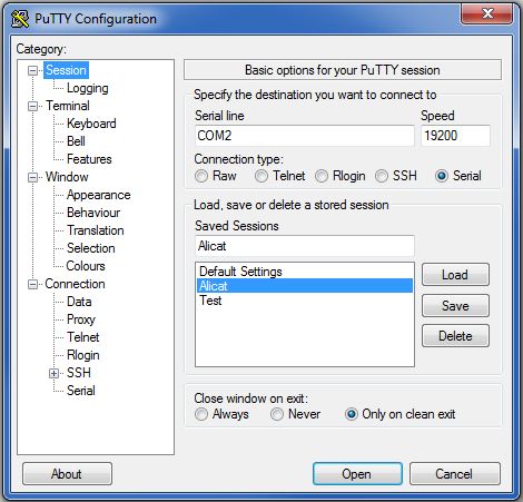 配置与 Alicat 仪器一起使用后，PuTTY 中的会话 COM 端口和波特率设置
