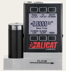 An Alicat mass flow controller, 50 SCCM full scale, with a digital screen and standard valve, model MC-50SCCM-D, photographed by Alicat