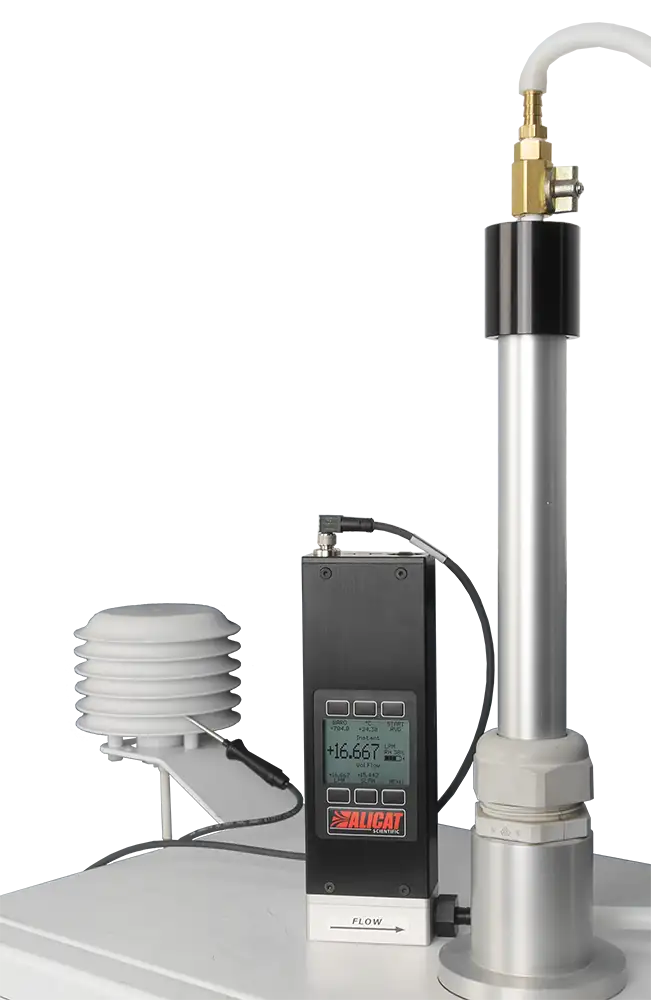 FP-25 connected to a particulate monitoring air quality sampler for  flow audit