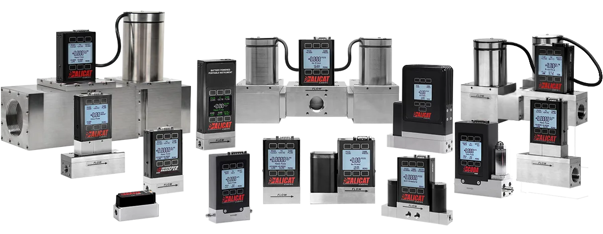 Mass flow controllers, mass flow meters, pressure controllers, pressure transducers from Alicat Scientific.