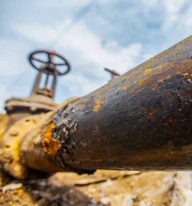 Rusty pipeline with valve in background