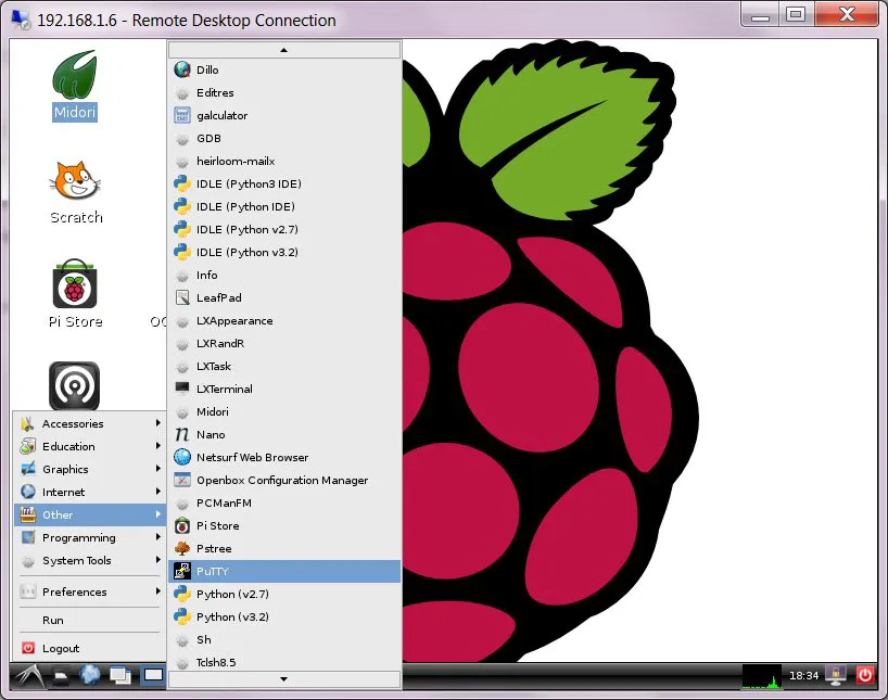 Screenshot of PuTTY installed on a Raspberry Pi